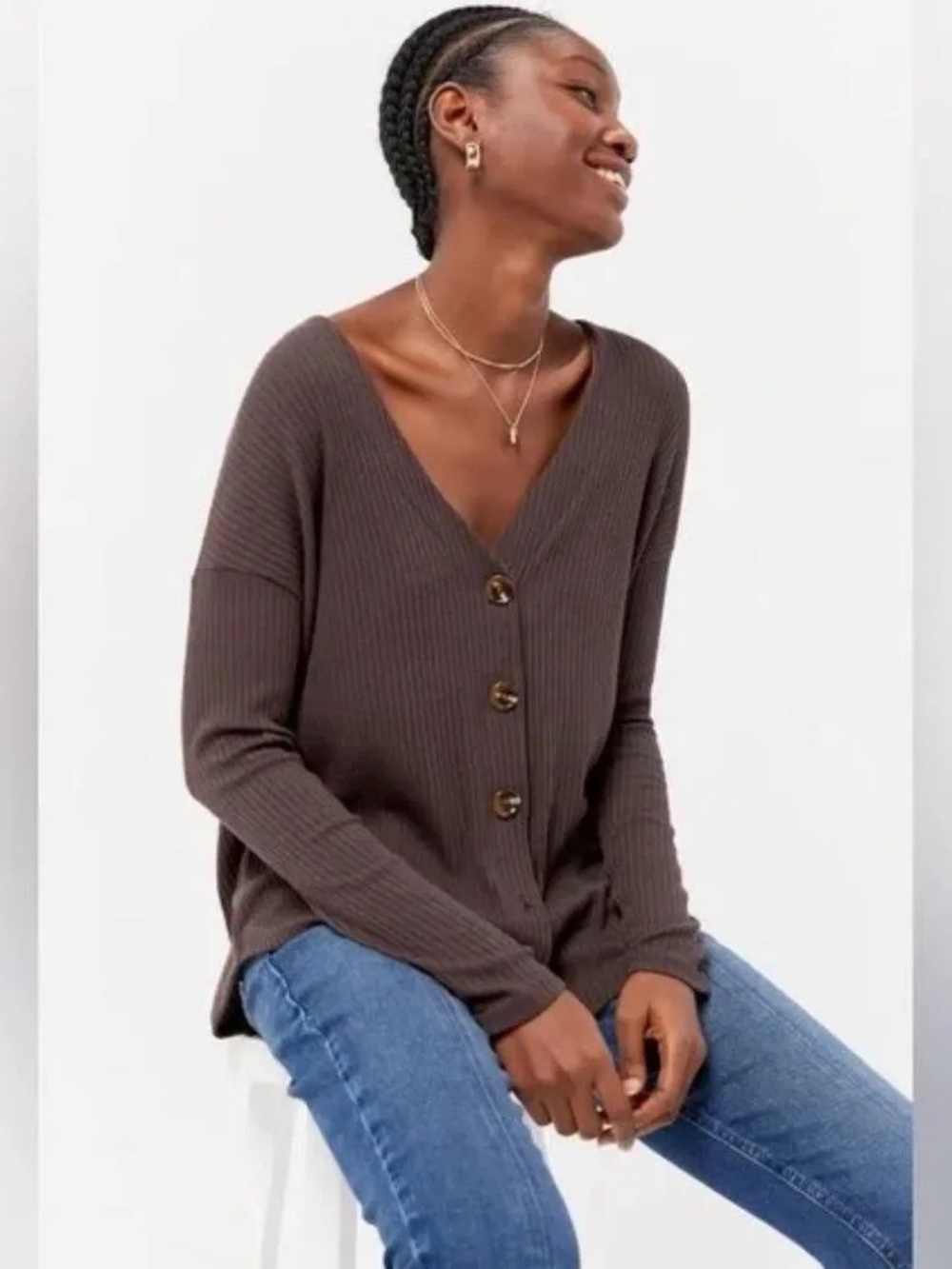 Out From Under for Urban Outfitters Brown Ribbed Button Front Cardigan